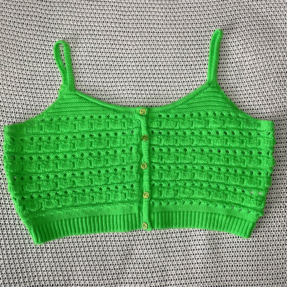 Reclaimed Vintage Cropped Crochet Tank Size Medium Button Front Detailed, Green